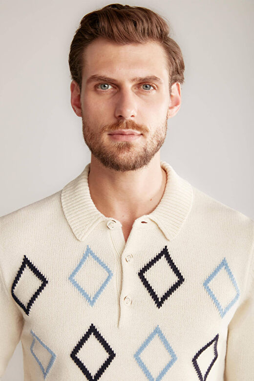 Baklava Desenli Polo Yaka Lambswool Ekru Kazak 3