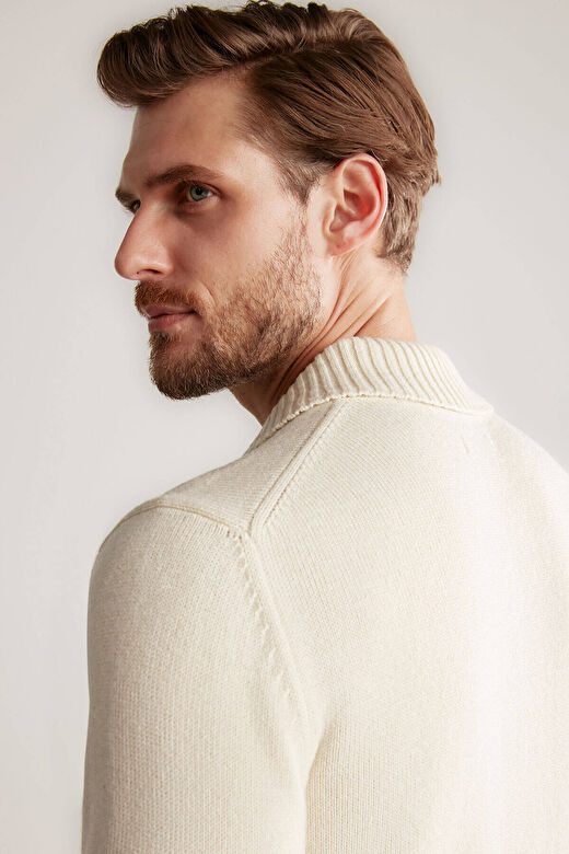 Baklava Desenli Polo Yaka Lambswool Ekru Kazak 4