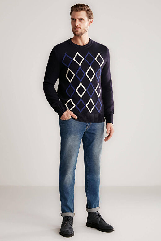 Baklava Desenli Lambswool Lacivert Kazak 1