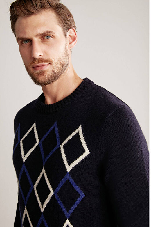 Baklava Desenli Lambswool Lacivert Kazak 3