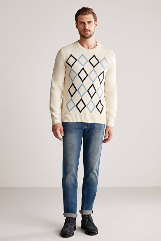 Baklava Desenli Lambswool Ekru Kazak 1