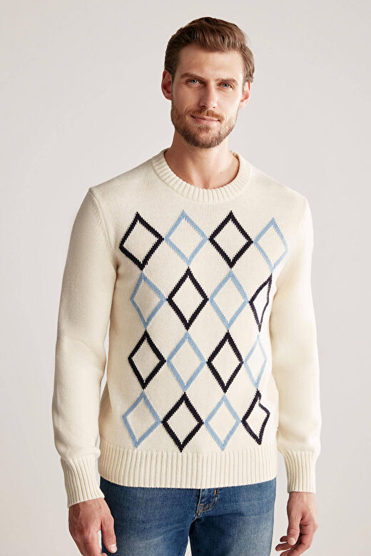 Baklava Desenli Lambswool Ekru Kazak 2