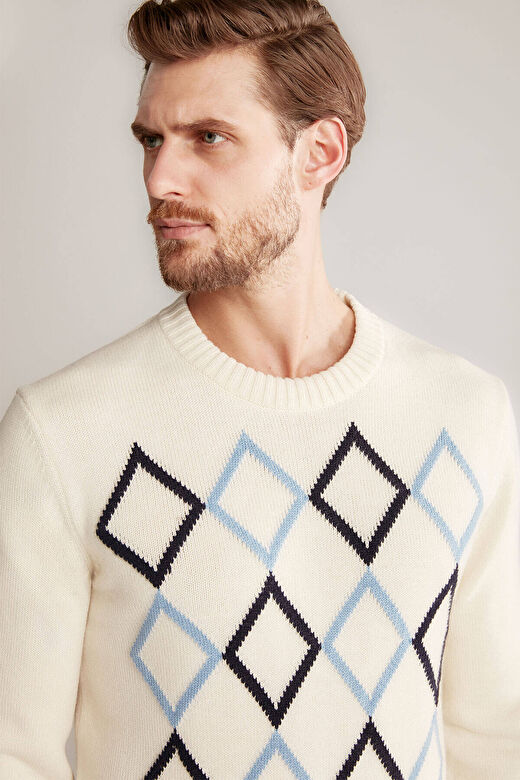 Baklava Desenli Lambswool Ekru Kazak 3