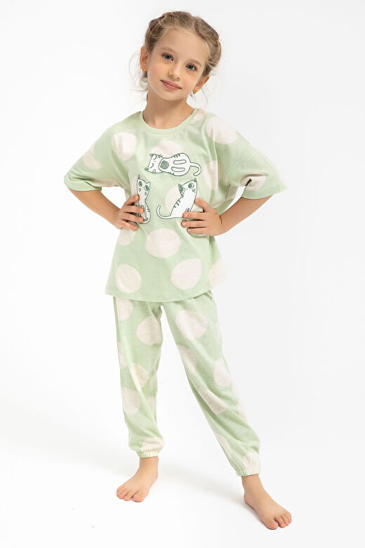 Rolypoly Cats Su Yeşili Kız Çocuk Pijama Takımı 3