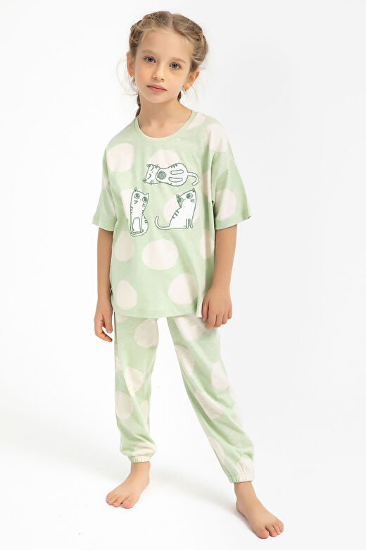 Rolypoly Cats Su Yeşili Kız Çocuk Pijama Takımı 1