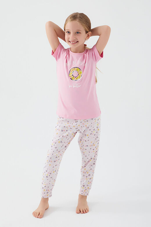 Rolypoly Donut Pattern Pembe Kız Çocuk Kısa Kol Pijama Takım 2