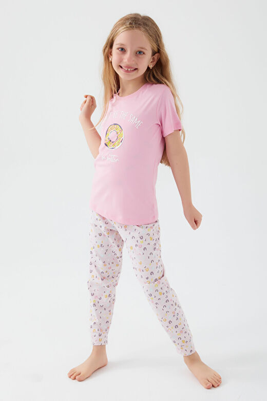 Rolypoly Donut Pattern Pembe Kız Çocuk Kısa Kol Pijama Takım 3