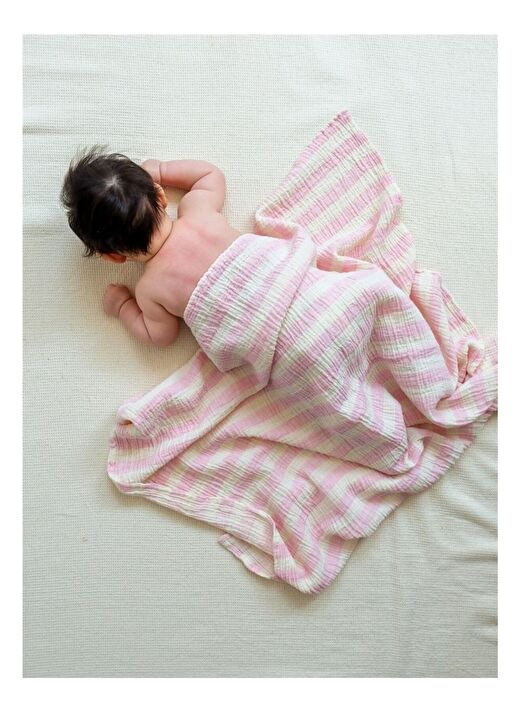 Stripy Pamuk Müslin Çok Amaçlı Örtü Pembe 80x80 3