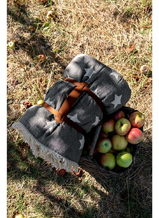 Taşıma Kemerli Polar Kaplı Çift Yüzlü Yıldız Jakarlı Throw Siyah 130x170 3