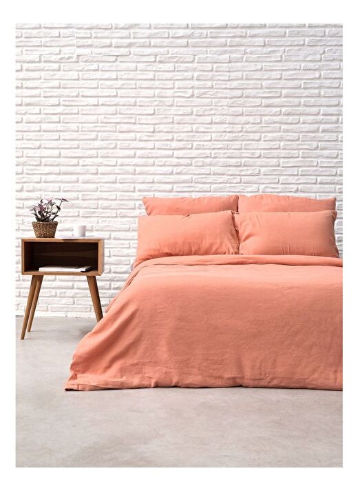 Washed Linen Keten Çift Kişilik Nevresim Şeftali Rengi 200x220 2