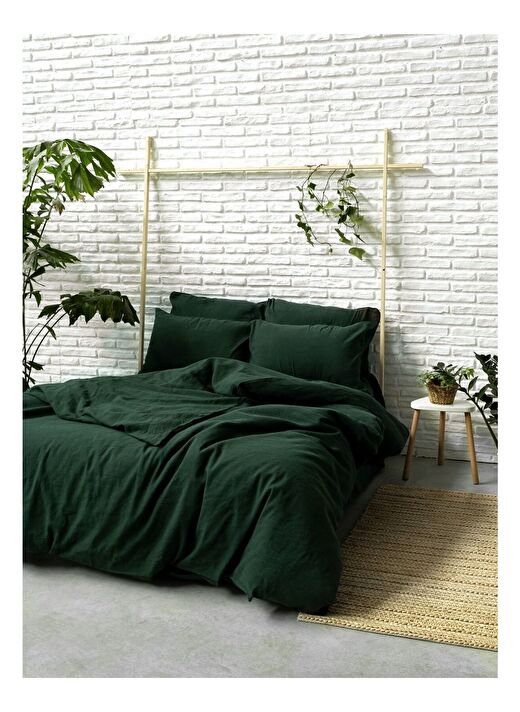 Washed Linen Keten Çift Kişilik Nevresim Koyu Yeşil 200x220 2