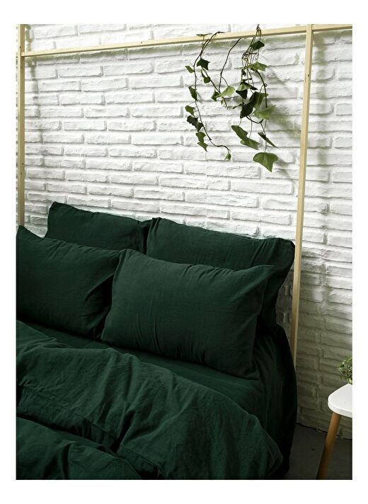 Washed Linen Keten Çift Kişilik Nevresim Koyu Yeşil 200x220 3