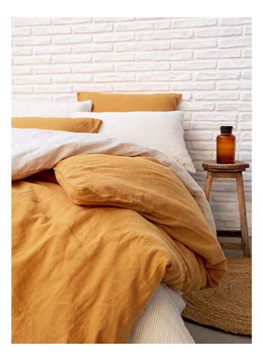 Washed Linen Keten Çift Kişilik Nevresim Hardal 200x220 2