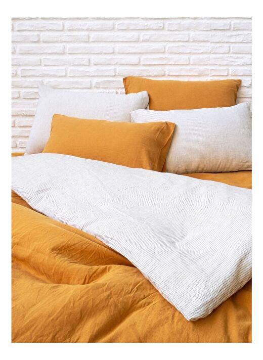 Washed Linen Keten Çift Kişilik Nevresim Hardal 200x220 3