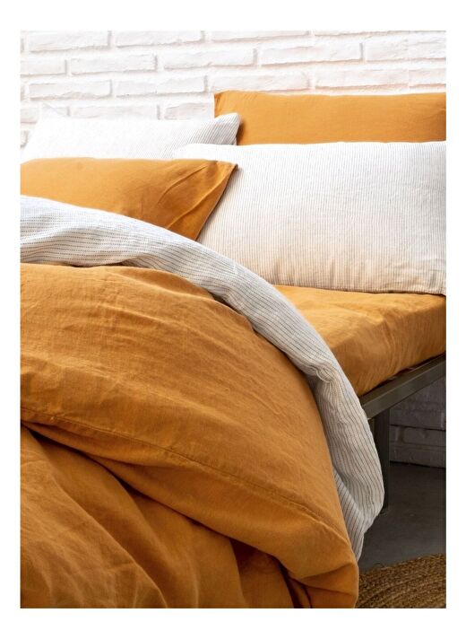 Washed Linen Keten Çift Kişilik Nevresim Hardal 200x220 4