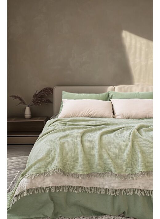 Cocoon Pamuk 4 Kat Müslin Yatak Örtüsü Mint Yeşili / Açık Yeşil 200x220 2