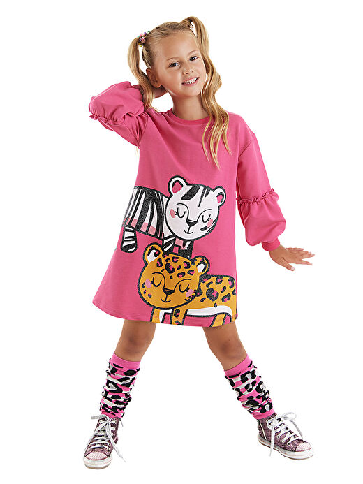 Leopar Zebra Kız Çocuk Pembe Elbise 1