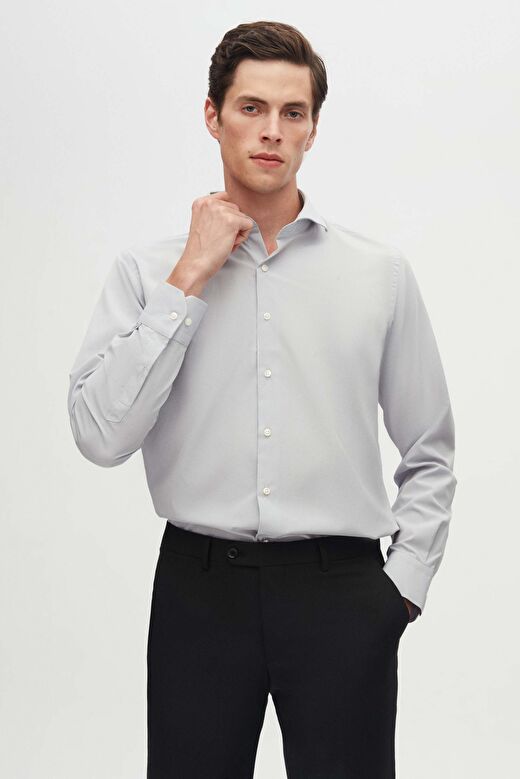 Ds Damat Slim Fit Gri İtalyan Yaka Dar Kesim Klasik Kravatlık  Uzun Kollu Kolay Ütülenebilir Nefes A 1