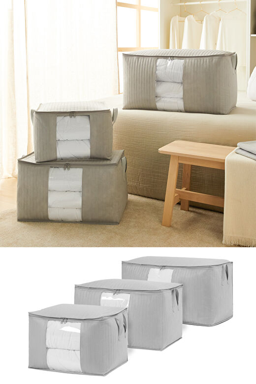 Ocean Home Textile 3'lü Pvc Pencereli Gri Renk Kapitone Hurç Set 1