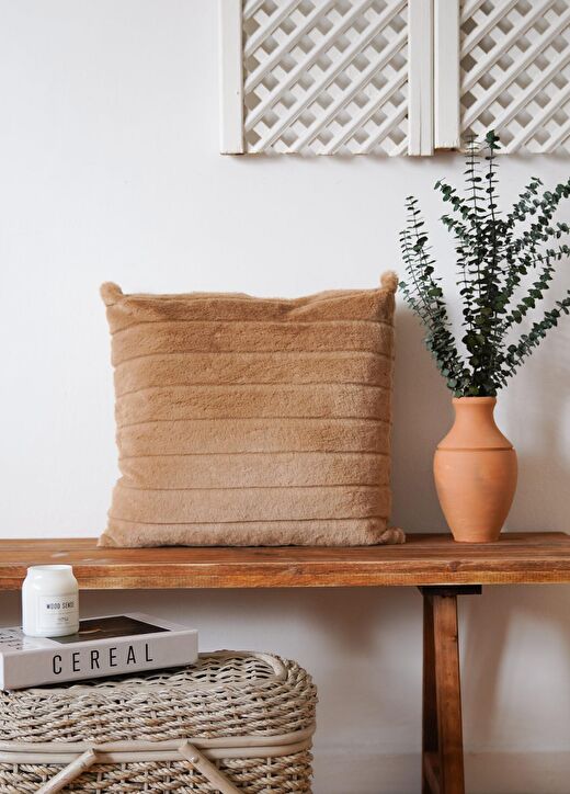 Fitilli Peluş Kırlent Kahve 45x45 cm 2