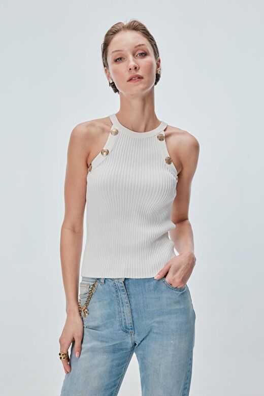 Düğme Detaylı Halter Yaka Top 1