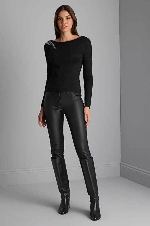 Gül Baskı Detaylı Sırt Dekolteli Triko Kazak 2