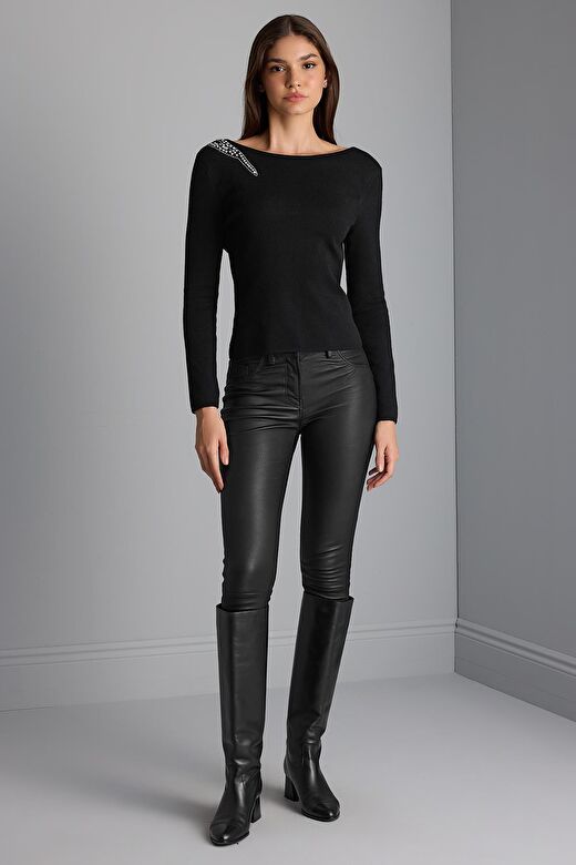 Gül Baskı Detaylı Sırt Dekolteli Triko Kazak 3