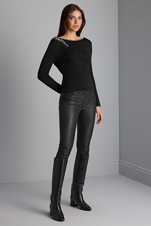 Gül Baskı Detaylı Sırt Dekolteli Triko Kazak 4