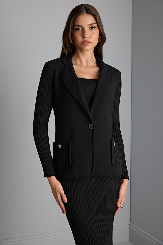 Kolları Ribli Siyah Triko Blazer Ceket 1