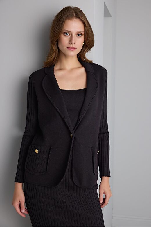 Kolları Ribli Siyah Triko Blazer Ceket 3
