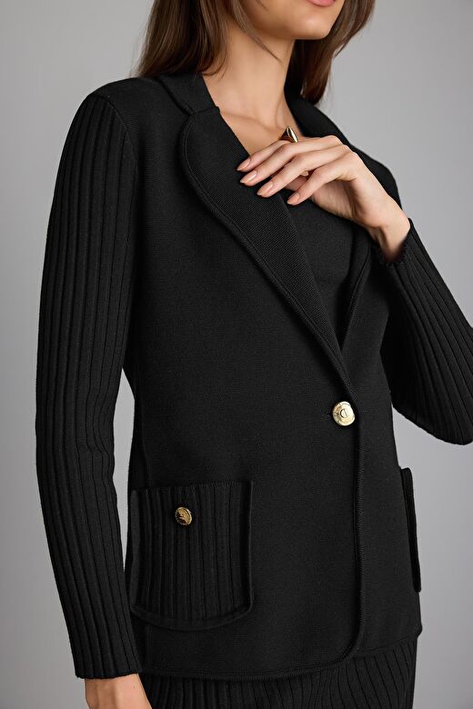 Kolları Ribli Siyah Triko Blazer Ceket 4