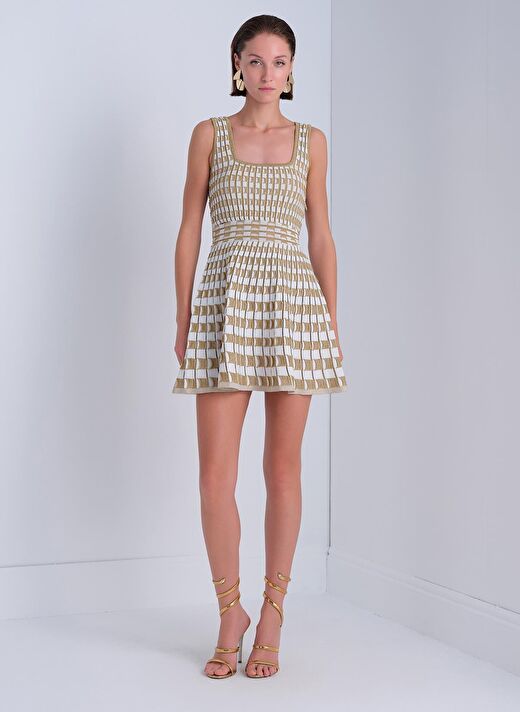 Kare Yaka Kloş Gold Mini Elbise 3