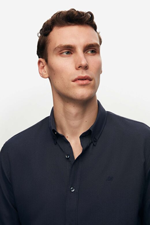 Ds Damat Slim Fit Lacivert Oxford Düğmeli Yaka Kolay Ütülenebilir Nakış Detaylı Pamuklu Gömlek 4