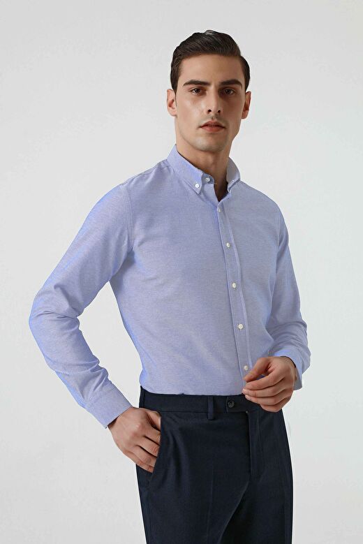 Ds Damat Slim Fit Mavi Armürlü Düğmeli Yaka Pamuklu Gömlek 2