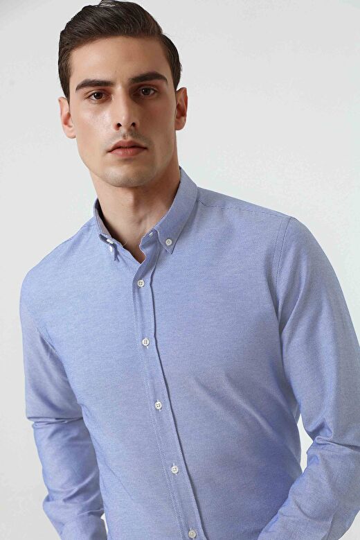 Ds Damat Slim Fit Mavi Armürlü Düğmeli Yaka Pamuklu Gömlek 3