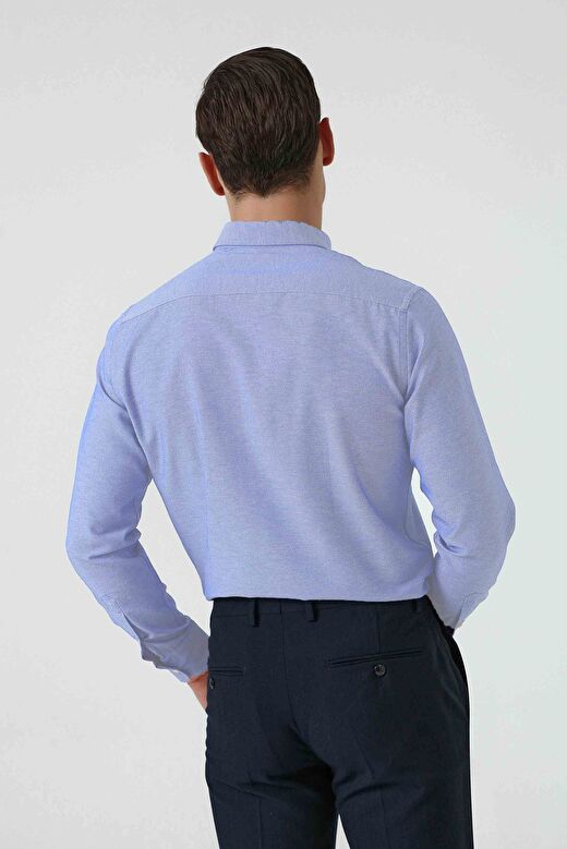 Ds Damat Slim Fit Mavi Armürlü Düğmeli Yaka Pamuklu Gömlek 4