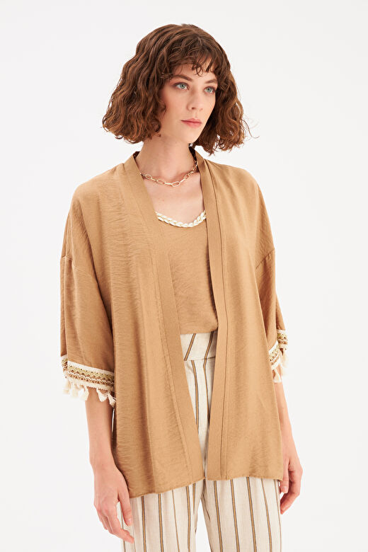 Kol Detaylı Salaş Keten Kimono - BEJ 3