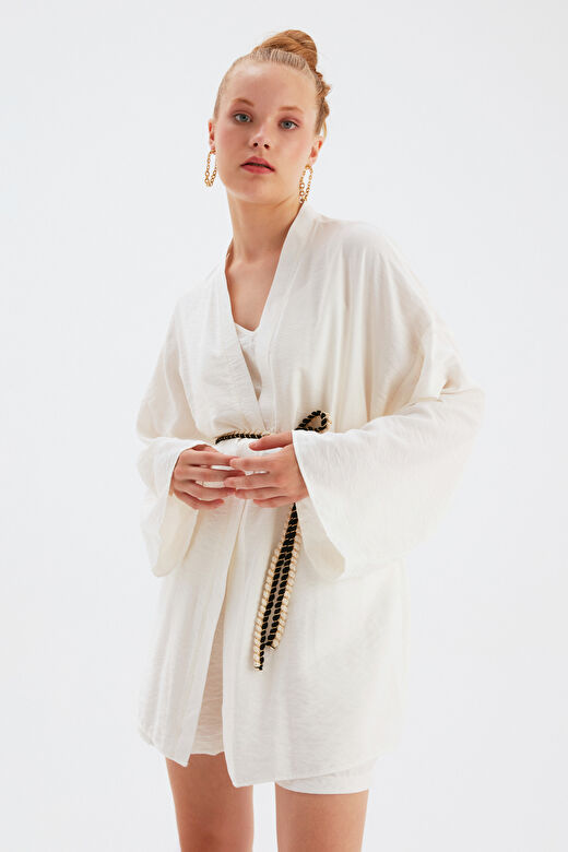 Kuşak Detaylı Salaş Kimono - EKRU 3