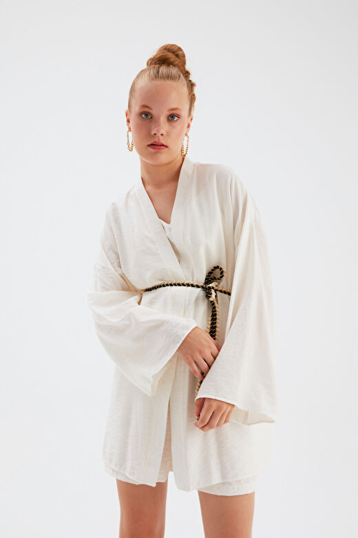 Kuşak Detaylı Salaş Kimono - EKRU 4