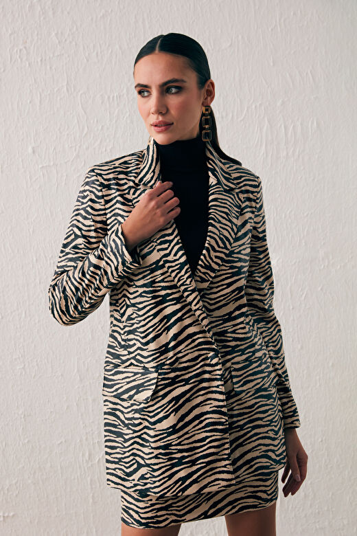 Zebra Desenli Deri Ceket - BEJ 1