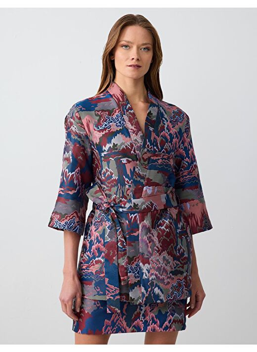 Karışık Düz Kesim Truvakar Kol Desenli Uzun Dokuma Kimono 1