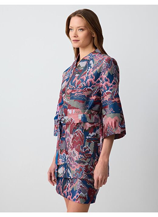 Karışık Düz Kesim Truvakar Kol Desenli Uzun Dokuma Kimono 3