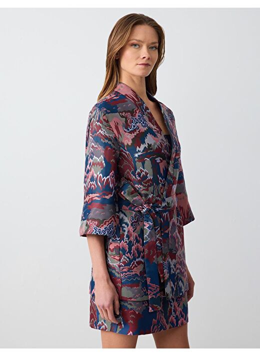 Karışık Düz Kesim Truvakar Kol Desenli Uzun Dokuma Kimono 4