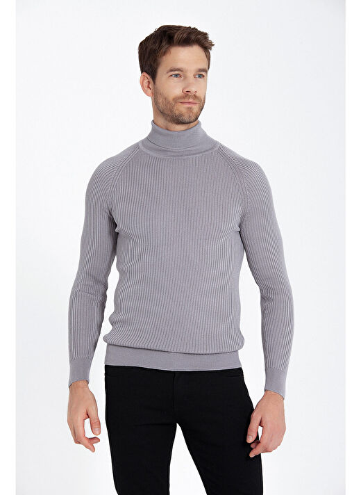 Gri Slim Fit  Balıkçı Yaka Triko Kazak 3
