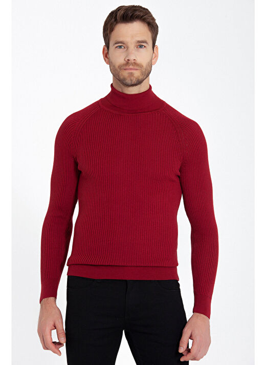 Kırmızı Slim Fit  Balıkçı Yaka Triko Kazak 1