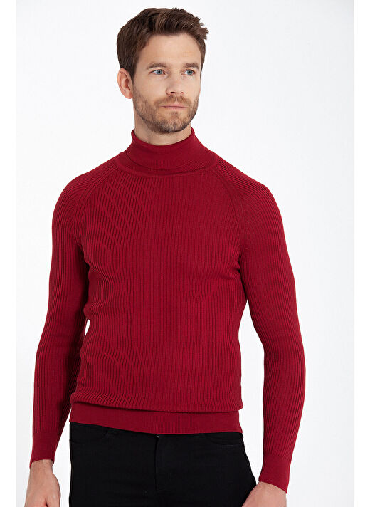 Kırmızı Slim Fit  Balıkçı Yaka Triko Kazak 3
