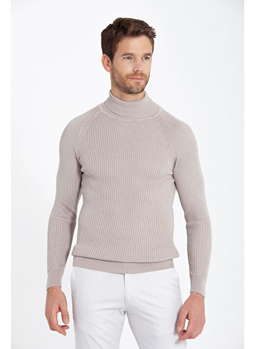 Bej Slim Fit  Balıkçı Yaka Triko Kazak 3