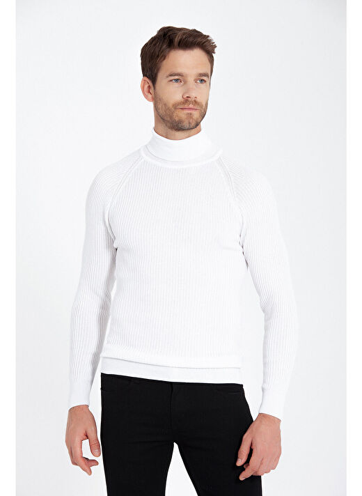 Ekru Slim Fit  Balıkçı Yaka Triko Kazak 3