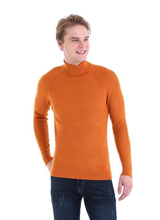 Turuncu Slim Fit  Balıkçı Yaka Triko Kazak 2
