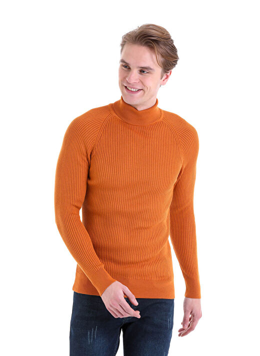 Turuncu Slim Fit  Balıkçı Yaka Triko Kazak 3